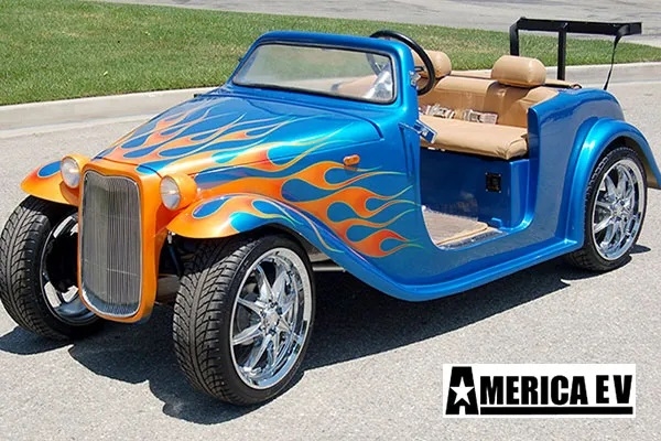 Blue California Roadster with Orange Flames affordable golf cart rental, golf cart rent berkeley