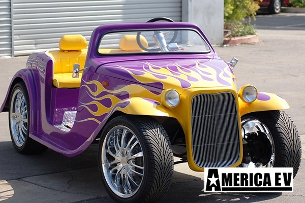 Purple California Roadster with Yellow Flames affordable golf cart rental, golf cart rent berkeley