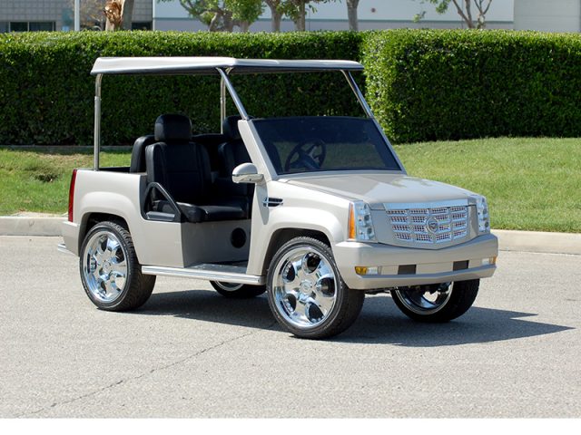 Silver Escalade Golf Cart With Roof and Custom Wheels affordable golf cart rental, golf cart rent berkeley