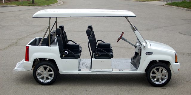White Escalade Limo Golf Cart affordable golf cart rental, golf cart rent berkeley